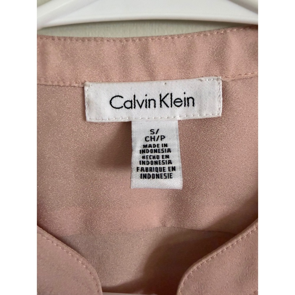 Calvin Klein Womens Blush Pink Button Up Blouse Gold Zip Pockets Roll Tab Small - Picture 3 of 8